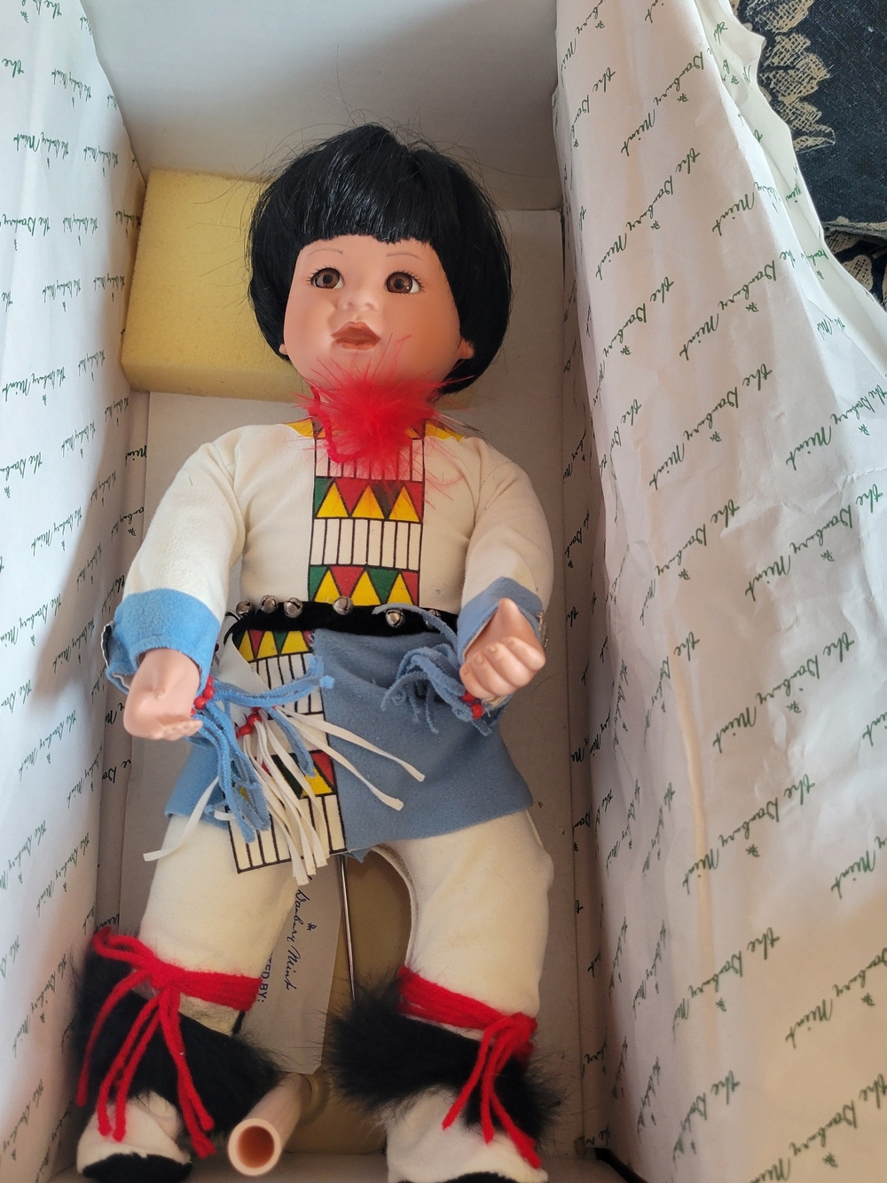 Handcrafted Native-Inspired Porcelain Doll with Colorful Trim